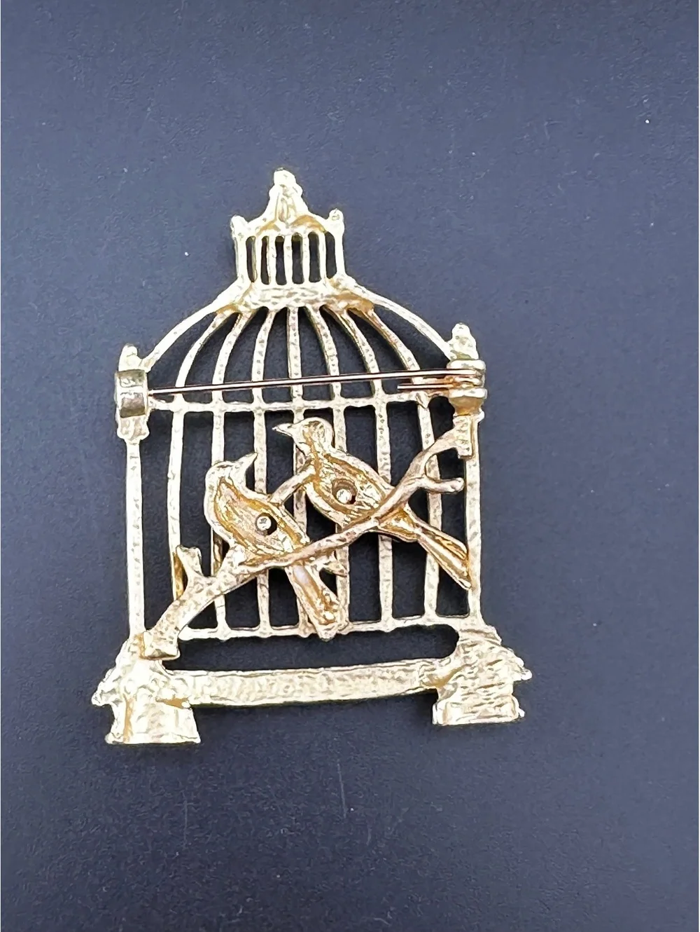Bird Cage Brooch with Enamel Birds